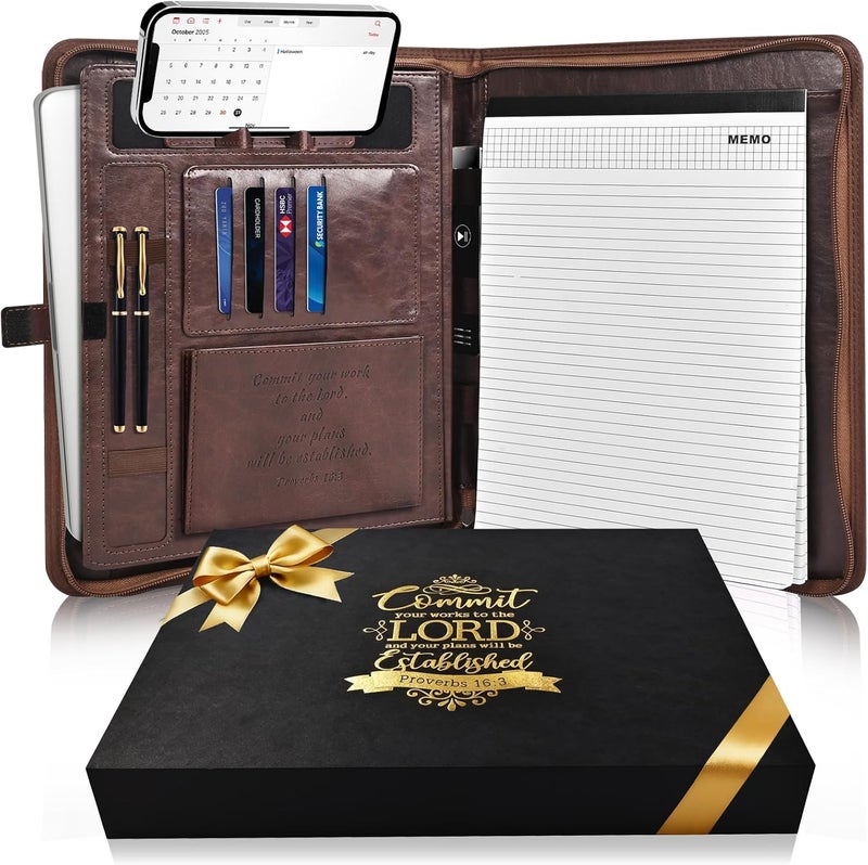 SLEVIO TIMER Leather Portfolio for Men, Christian Religious Gifts for Men with Laptop Pocket, Padfolio Binder Folder with Zipper for Women, Business Large Organizer Case for Bible Notebook Notepad Phone (Brown) - Image 1
